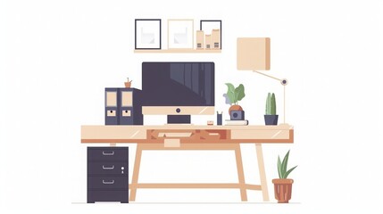 Fototapeta premium Minimalist Home Office Desk Setup with Plants and Computer