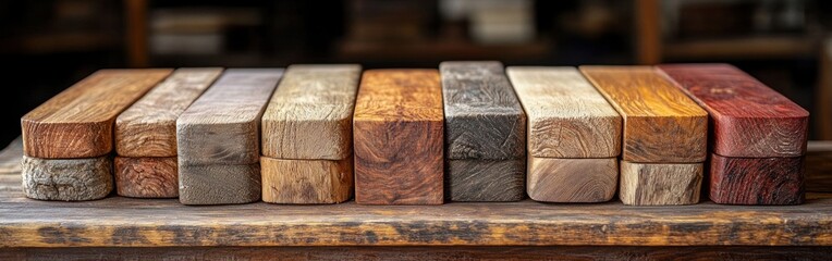 Timber blocks of various colors and textures are arranged on a work surface