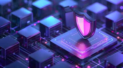 Digital security concept with a shield icon on a futuristic motherboard, representing cybersecurity and data protection.