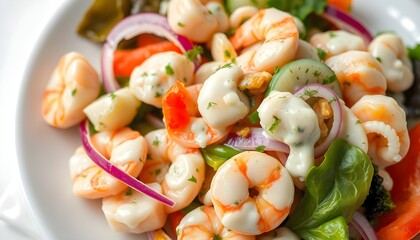 seafood salad, presented in a glass bowl, isolated, white background.