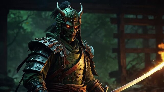A fearsome undead samurai with tattered armor glowing katana and green fire burning in his eye sockets.