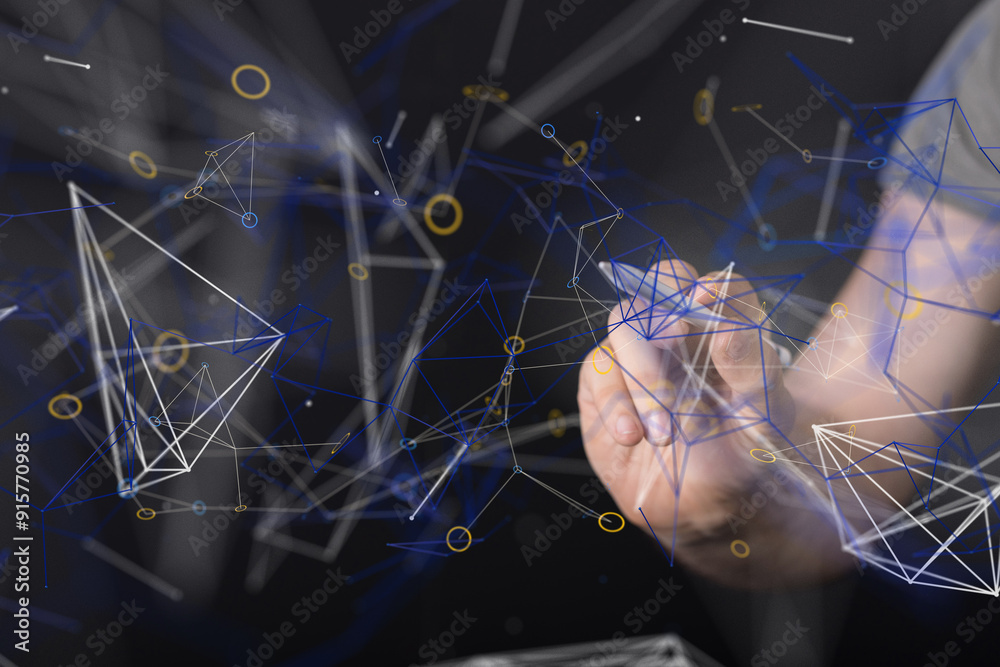 Poster Global network. Blockchain. 3D illustration. Neural networks and artificial intelligence. Abstract  - neural network exposure digital