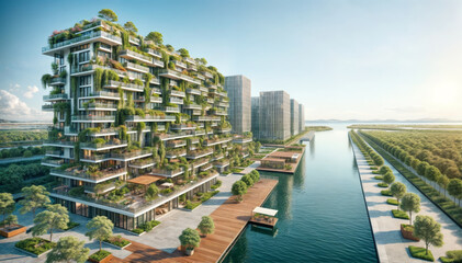 Obraz premium Lakeside urban residential area with multi-storey buildings adorned with lush greenery