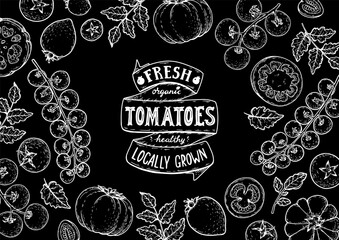 Tomatoes frame. Hand drawn illustration. Tomato vegetable sketch. Organic tomato design template. Vector illustration. Package design elements.