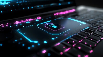 Cyber Security  Concept with a Neon Lock Icon on a Futuristic Keyboard