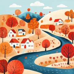 Charming autumn landscape with winding river, colorful trees, and quaint houses in a picturesque countryside