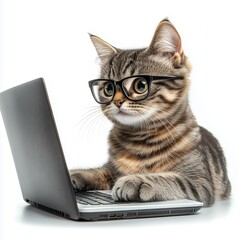Smart tabby kitten wearing glasses and typing on a laptop computer in an adorable and humorous scene