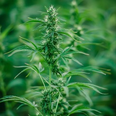 Naklejka premium Close-up Serenity of Lush Hemp Plants in a Verdant Field, with a Blurred Background and Detailed View of Leaves and Buds in Natural Light.