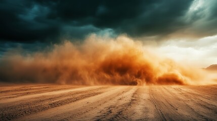 Dust rises dramatically as wind gusts sweep across a barren desert landscape during sunset