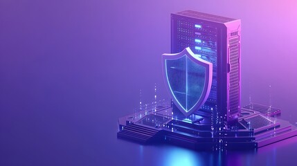Futuristic data center with a large shield icon, symbolizing strong cybersecurity measures, lit in vibrant blue and purple tones.