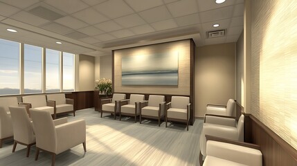 Fototapeta premium Modern Waiting Area with White Chairs and Large Window