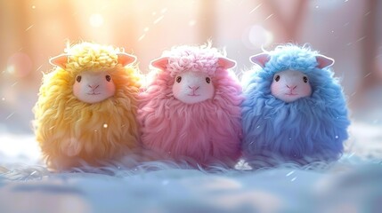 A group of fluffy watercolor cartoon illustration.