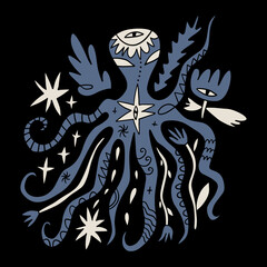 Boho blue octopus hand drawn flat funky cartoon childish vector illustration. Sea life squid funny doodle character art. Aquatic ornate animal on dark background. Baby t shirt print clip-art design