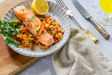 Baked salmon with chorizo rice