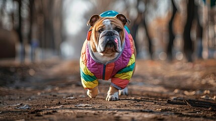 A dog wearing a colorful jacket is standing on a path. The jacket is multicolored and has a flower pattern. The dog appears to be enjoying the autumn weather and the colorful surroundings