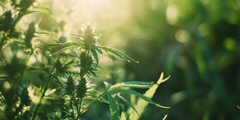 Fototapeta premium Close-up Serenity: A Lush Hemp Plant in a Verdant Field with Blurred Background and Detailed Canopy Under Natural Light