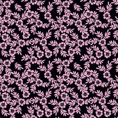 Elegance pink floral stems seamless pattern on a grey background. Vector hand drawn. Artistic, abstract flowers and tiny leaves, buds bells printing. Template for designs, fabric, fashion, textile
