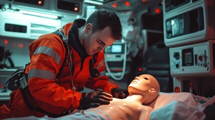 Paramedic Practicing CPR on a Dummy in an Ambulance