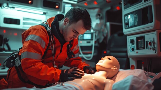 Paramedic Practicing CPR on a Dummy in an Ambulance