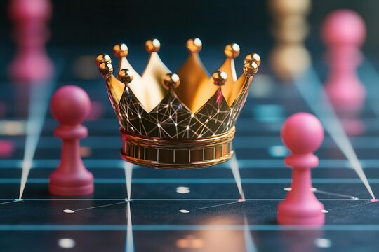 A digital crown hovering above a complex game grid, shining brightly as the symbol of ultimate domination and victory in strategic gaming