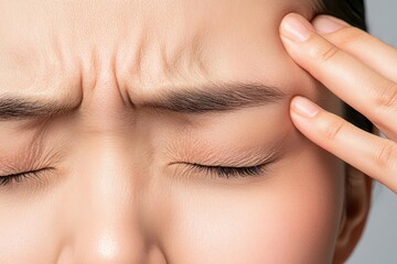 A macro shot of a furrowed brow and closed eyes, with a hand massaging the temples, representing the throbbing pain of a migraine