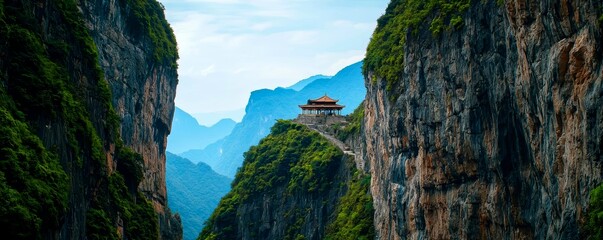 A mountain pass with a narrow path, sheer cliffs on either side, and an ancient temple perched at the top
