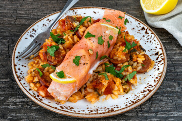 Baked salmon with chorizo rice