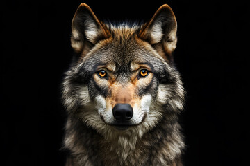 Portrait of adult wolf on black background