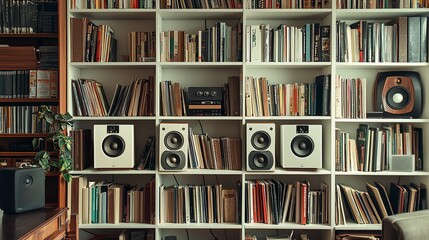A stylish bookshelf filled with books, featuring audio speakers for a perfect music and reading experience in a cozy environment.