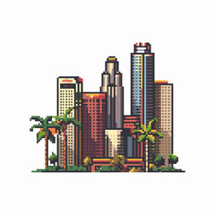 Pixel skyline with palm trees and diverse building architecture