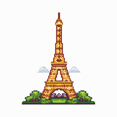 Pixel Eiffel Tower with clouds and greenery