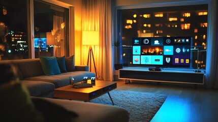 Cozy living room with modern decor and a large television displaying apps, illuminated by warm lighting against a nighttime city view.