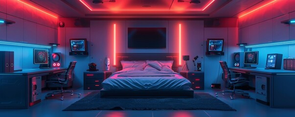 Futuristic minimalist bedroom with dual computer desks and vibrant neon lighting
