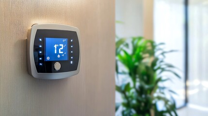 Modern digital thermostat on wall with temperature display and indoor plant, ideal for energy efficiency and home comfort.