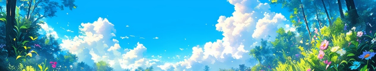 Fototapeta premium Enchanting Abstract Peony Landscape: Vibrant Seasonal Fantasy in Anime Style. Dynamic 4K Wallpaper Featuring Intricate Floral Designs and Vivid Sky, Perfect for Digital Art, Book Illustrations, and Cr