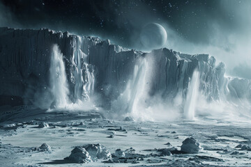 Giant ice plumes erupt from the surface of Enceladus, illuminating the majestic icy terrain as Saturn's moon witnesses a stunning twilight spectacle.
