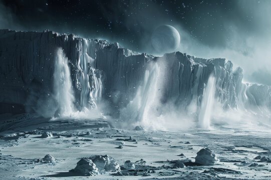 Giant ice plumes erupt from the surface of Enceladus, illuminating the majestic icy terrain as Saturn's moon witnesses a stunning twilight spectacle. - Powered by Adobe