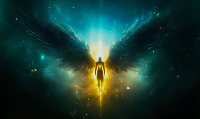 Obraz premium A man is standing in front of a large winged angel. The angel is surrounded by a bright yellow light, and the man is wearing a yellow shirt. The image has a mystical and spiritual feel to it