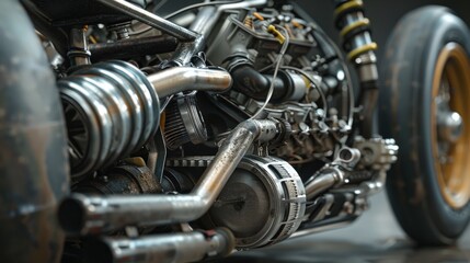 Close-up view of a detailed motorcycle engine showcasing intricate mechanical components.