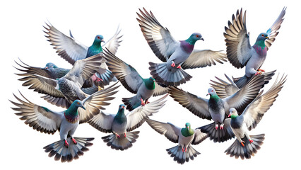 Obraz premium Flock of pigeons flying with wings spread, png transparent background