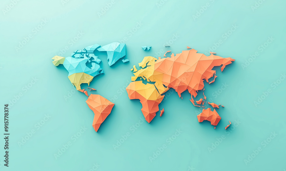 Poster a colorful world map made of triangles. the map is divided into four sections, each with a different