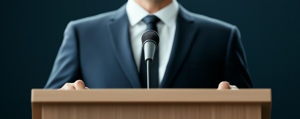 A CEO at a podium, announcing a new business strategy during a company town hall