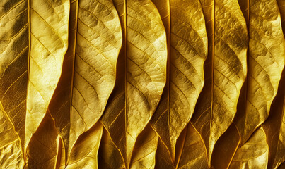 A close up of several golden leaves, arranged in a row. The leaves are shiny and appear to be freshly picked, giving the impression of a vibrant and lively scene. Scene is one of natural beauty