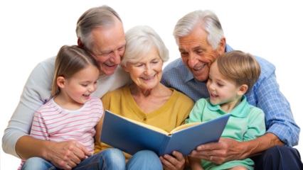 Happy grandparents reading book with grandchildren, png transparent background