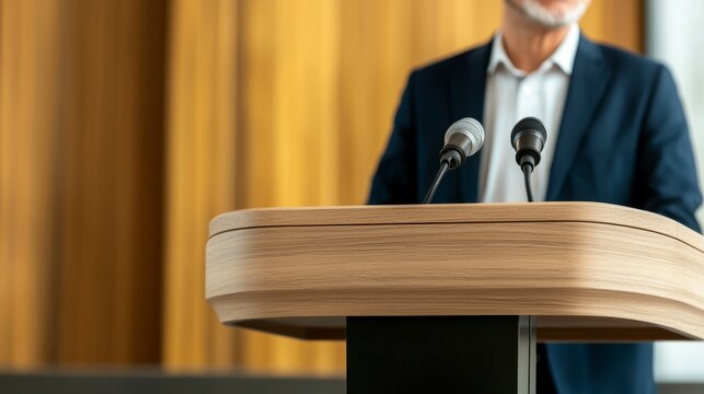 A community leader at a podium, addressing a gathering on social justice issues