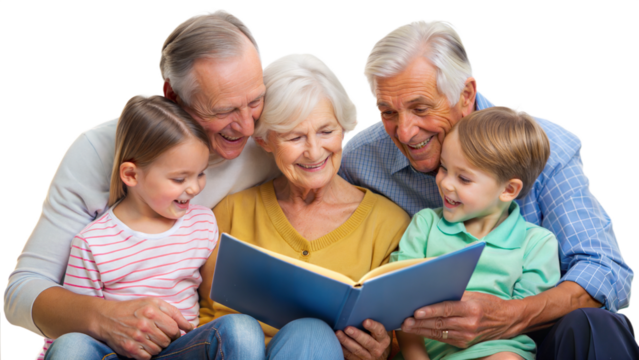 Happy grandparents reading book with grandchildren, png transparent background