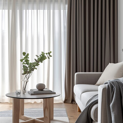 Capturing the unique blend of functionality and style in a living room adorned with blackout curtains and minimalist Japandi furniture.