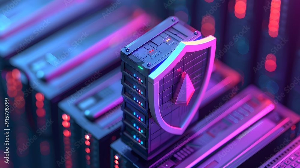 Poster futuristic server racks with cybersecurity shield, representing data protection and network security