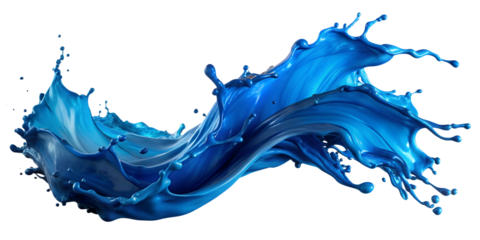 Energetic swirling blue paint splash, fluid art, transparent background