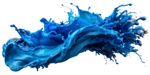 Energetic flow of bright blue liquid splash, png transparent background